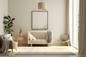 rechthoekig kader poster model, Aan licht beton muur in leven interieur van een baby kamer, met modern boho meubilair en met baby kinderbed, Scandinavisch stijl interieur decoratie. gegenereerd ai. foto