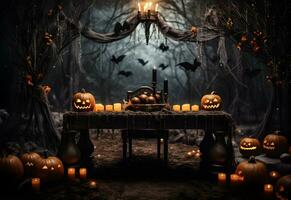 versierd zwart halloween tafel met pompoenen, lantaarn, kaarsen, spookachtig decoratie en donker mystiek Woud achtergrond. gegenereerd ai. foto