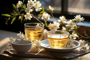 kop van aromatisch jasmijn thee met vers bloemen Aan de tafel. biologisch en natuurlijk, kruiden heet gezond drank. ai gegenereerd foto