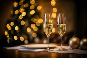 Champagne bril Aan feestelijk tafel met goud gloeiend bokeh achtergrond. viering achtergrond met sprankelend wijn. ai gegenereerd foto