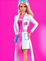 Barbie in dokter pak met roze achtergrond ai generatief foto