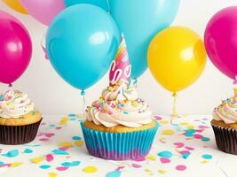 verjaardag cupcakes met achtergrond van kleurrijk ballonnen ai generatief foto