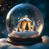 sneeuw wereldbol met een huis winter tafereel binnen - gegenereerd beeld foto