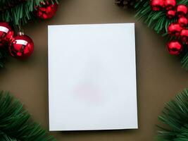 blanco papier kaart met Kerstmis decoratie voorwerpen in de omgeving van - gegenereerd beeld foto