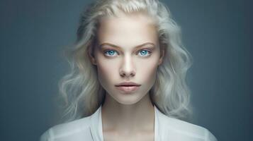 portret van een mooi blond vrouw met blauw ogen. 3d renderen generatief ai foto