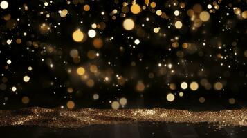 Kerstmis achtergrond met gouden bokeh lichten en vallend sneeuwvlokken generatief ai foto
