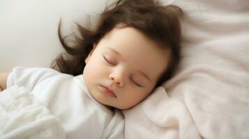 schattig weinig meisje slapen Aan wit bed. zoet dromen. top visie. generatief ai foto