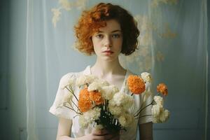 mooi jong vrouw met rood haar- en sproeten Holding bloemen generatief ai foto