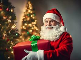 de kerstman claus met een Cadeau geschenk doos in de kamer met Kerstmis boom achtergrond - gegenereerd beeld foto