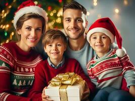 gelukkig familie met ouders en zoon in een kamer. met geschenk doos Aan een Kerstmis dag - gegenereerd beeld foto