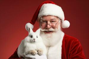 portret van de kerstman claus met een wit konijn Aan een rood achtergrond generatief ai foto