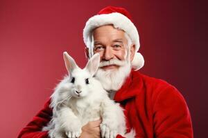 portret van een gelukkig de kerstman claus met een konijn Aan een rood achtergrond. generatief ai foto