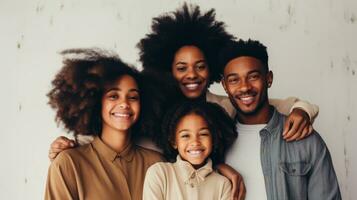 portret van gelukkig Afrikaanse Amerikaans familie staand samen en op zoek Bij camera generatief ai foto