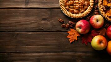 herfst nog steeds leven met appel taart, appels, pecannoten en noten Aan houten achtergrond generatief ai foto