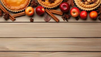 herfst achtergrond met appel taart en specerijen Aan houten tafel. top visie met kopiëren ruimte generatief ai foto