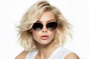 ai gegenereerd studio portret van mooi jong blond vrouw in zonnebril Aan verschillend kleur achtergrond foto
