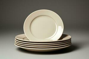 een chique reeks van minimalistisch porselein dining borden geïsoleerd Aan een taupe helling achtergrond foto