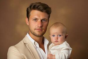 ai gegenereerd studio portret van knap Mens Holding zuigeling baby in zijn handen Aan verschillend kleur achtergrond foto