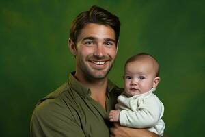 ai gegenereerd studio portret van knap Mens Holding zuigeling baby in zijn handen Aan verschillend kleur achtergrond foto