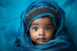 ai gegenereerd studio portret van schattig weinig baby kind van verschillend nationaliteiten Aan verschillend kleuren achtergrond foto