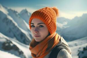 glimlachen meisje oranje hoed in winter bergen portret. genereren ai foto