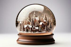 glinsterende sneeuw wereldbol symboliseert besneeuwd Kerstmis markten geïsoleerd Aan een wit achtergrond foto