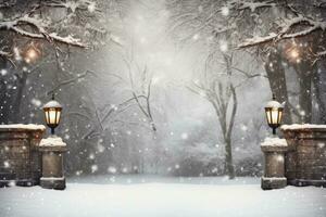 buitenshuis Kerstmis licht Scherm verhelderend besneeuwd avond achtergrond met leeg ruimte voor tekst foto