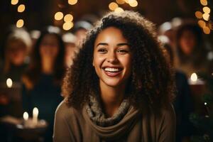 vreugdevol koor het uitvoeren van Kerstmis kerstliederen achtergrond met leeg ruimte voor tekst foto