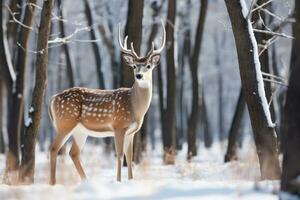 majestueus hert begrazing vredig in een sereen sneeuw gedekt winter Woud foto