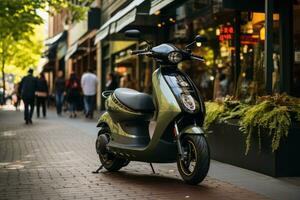 groen voertuig infrastructuur voor elektrisch scooters in downtown straat foto