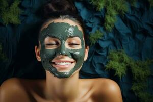 een brunette vrouw met blauw ogen genieten van een zeewier gelaats masker voor huid hydratatie ontspannende spa achtergrond met leeg ruimte voor tekst foto