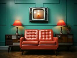 wijnoogst TV in een oud leven kamer met bankstel en bruinen stoel ai generatief foto
