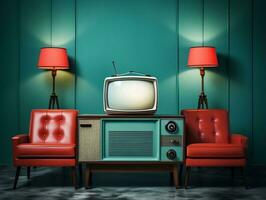 wijnoogst TV in een oud leven kamer met bankstel en bruinen stoel ai generatief foto