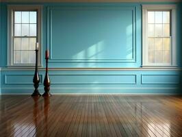 leeg blauw kamer met hout verdieping en venster ai generatief foto