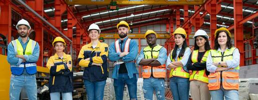 portret van zelfverzekerd fabriek arbeiders staand met armen gekruiste en op zoek Bij camera foto