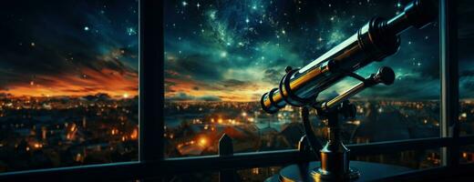 heelal visie door telescoop in lucht reserveren achtergrond met leeg ruimte voor tekst foto