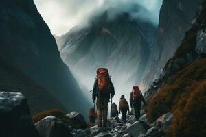 wandelaars in Himalaya, Nepal. trekking in Himalaya, achterzijde visie van berg gids leidend een groep van wandelaars, ai gegenereerd foto