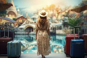 reiziger vrouw in rietje hoed met bagage Bij tenerife, Spanje, achterzijde visie van gelukkig reizen vrouw Aan vakantie concept, ai gegenereerd foto