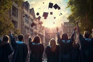 terug visie van een groep van studenten het werpen diploma uitreiking petten in de lucht, achterzijde visie van afgestudeerden het werpen diploma uitreiking petten in de lucht, ai gegenereerd foto