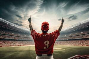 basketbal speler in rood uniform staand met armen verheven tegen rugby stadion, achterzijde visie van basketbal speler het werpen de bal Aan de professioneel basketbal stadion, ai gegenereerd foto