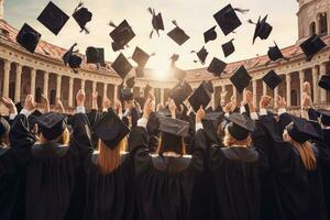 achterzijde visie van een groep van afgestudeerden het werpen petten in de lucht, achterzijde visie van een groep van afgestudeerden tips hun diploma uitreiking petten omhoog, ai gegenereerd foto