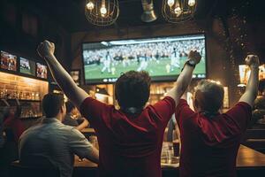 achterzijde visie van Amerikaans voetbal fans juichen met armen verheven Bij bar balie, achterzijde visie vrienden aan het kijken spel in sport- bar Aan schermen vieren, ai gegenereerd foto