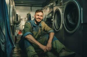 glimlachen gelukkig klusjesman het wassen machine. genereren ai foto