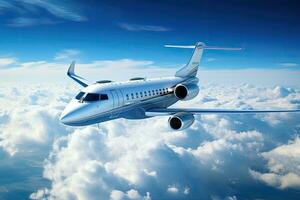 reclame vliegtuig vliegend in de blauw lucht. 3d geven afbeelding, privaat Jet vliegend over- de aarde. leeg blauw lucht met wit wolken Bij achtergrond, ai gegenereerd foto