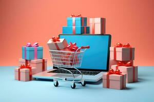 boodschappen doen kar met geschenk dozen Aan laptop scherm. 3d weergave, Product pakket dozen en boodschappen doen zak in kar met laptop computer welke web op te slaan winkel, ai gegenereerd foto