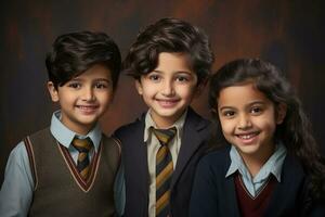 portret van gelukkig schoolkinderen in uniform Aan donker achtergrond. onderwijs concept, portret van gelukkig jong studenten, ai gegenereerd foto