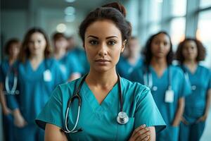 portret, medisch en een vrouw verpleegster armen gekruist, staand met haar team in de ziekenhuis voor gezondheidszorg, ai gegenereerd foto