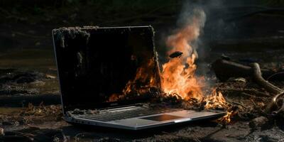 laptop fel brandend en roken. ai generatief. foto