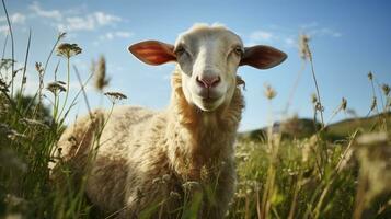 weiden teder knabbelaar. detailopname van begrazing schapen. generatief ai foto