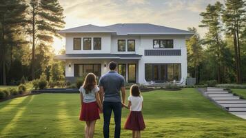 de drempel van morgen - een jong familie achterzijde visie Bij hun nieuw huis, aan boord gaan Aan een investering reis. generatief ai foto